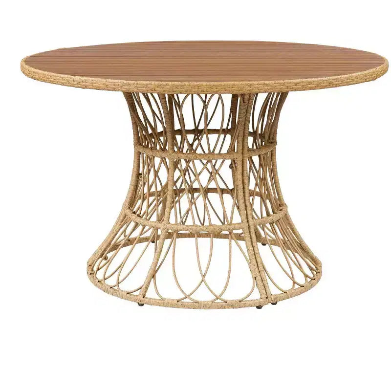 Tavolo da pranzo rotondo da esterno con piano in legno di acacia e base in vimini, tavolo da patio per 4-6 persone, mobili da giardino resistenti alle intemperie - Panipeachy