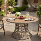 Round Outdoor Dining Table with Acacia Wood Top and Wicker Base, Patio Table for 46, Weather-Resistant Backyard Furniture-Panipeachy