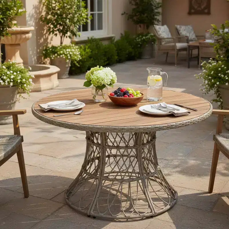Round Outdoor Dining Table with Acacia Wood Top and Wicker Base, Patio Table for 46, Weather-Resistant Backyard Furniture-Panipeachy