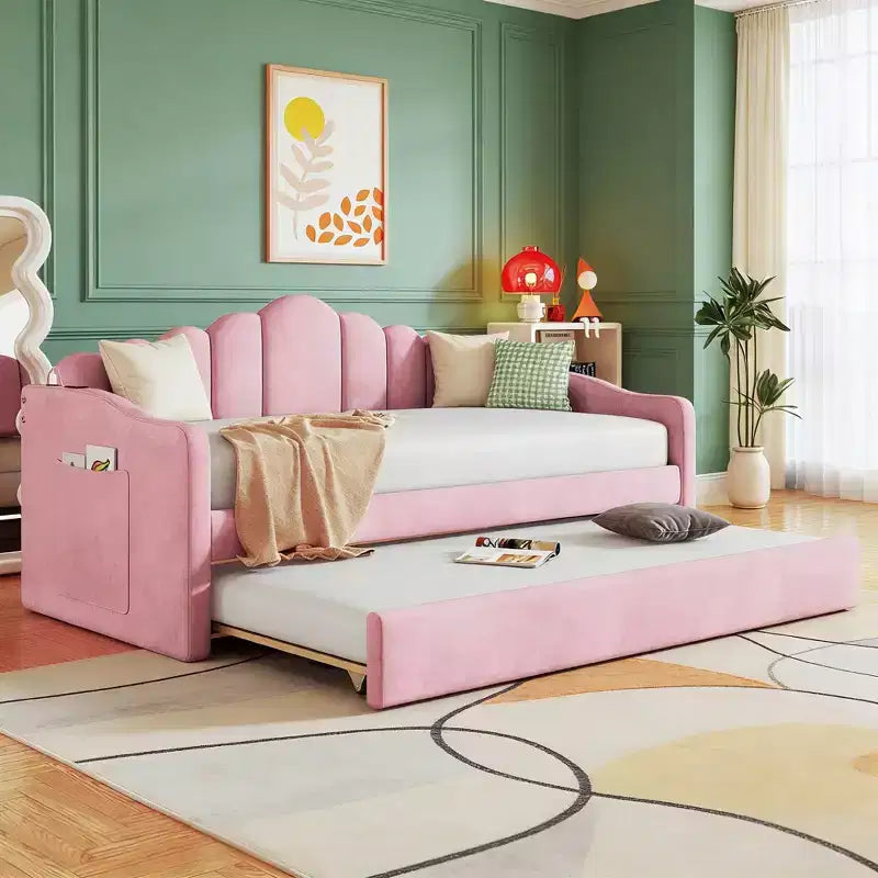 Luxystar - Divano letto singolo in velluto imbottito con letto estraibile e porte di ricarica