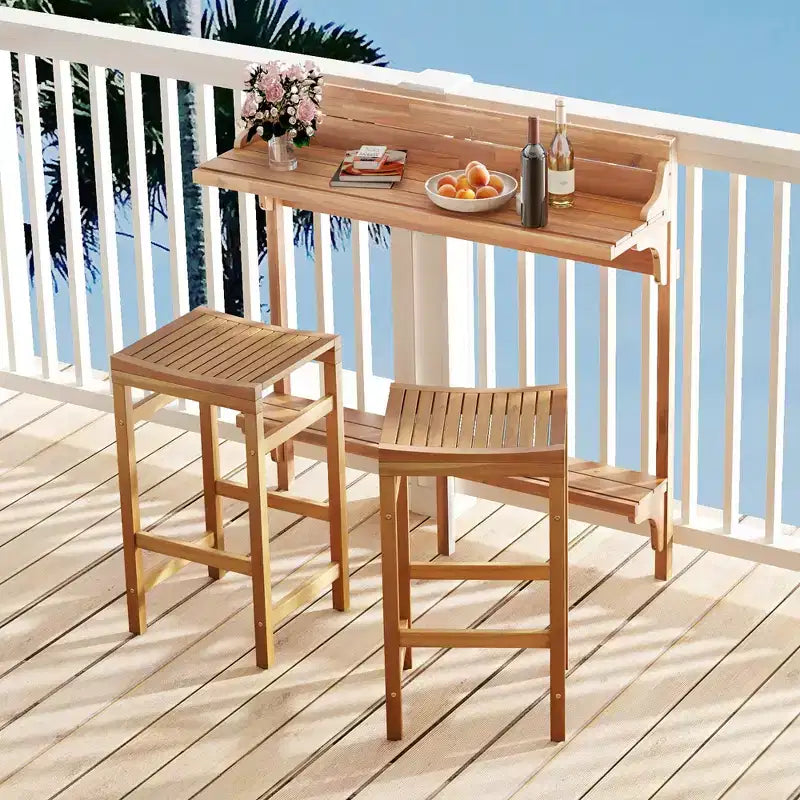 Set da tavolo da balcone Costway 3 pezzi in legno di acacia con poggiapiedi e seduta in legno curvato
