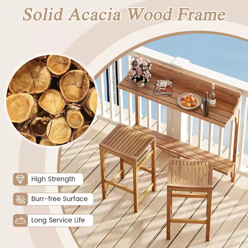 Set da tavolo da balcone Costway 3 pezzi in legno di acacia con poggiapiedi e seduta in legno curvato