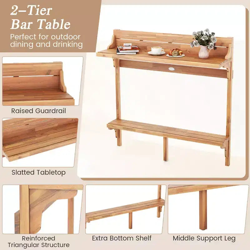 Set da tavolo da balcone Costway 3 pezzi in legno di acacia con poggiapiedi e seduta in legno curvato