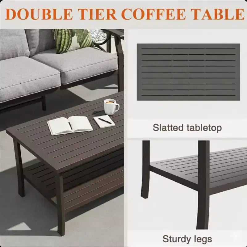 Set da esterno a 2 pezzi, divano da patio in metallo a 3 posti da 70 pollici per tutte le stagioni e tavolino da caffè rettangolare, telaio color kaki con cuscini grigi