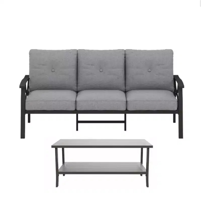 Set da esterno a 2 pezzi, divano da patio in metallo a 3 posti da 70 pollici per tutte le stagioni e tavolino da caffè rettangolare, telaio color kaki con cuscini grigi