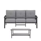 Set da esterno a 2 pezzi, divano da patio in metallo a 3 posti da 70 pollici per tutte le stagioni e tavolino da caffè rettangolare, telaio color kaki con cuscini grigi