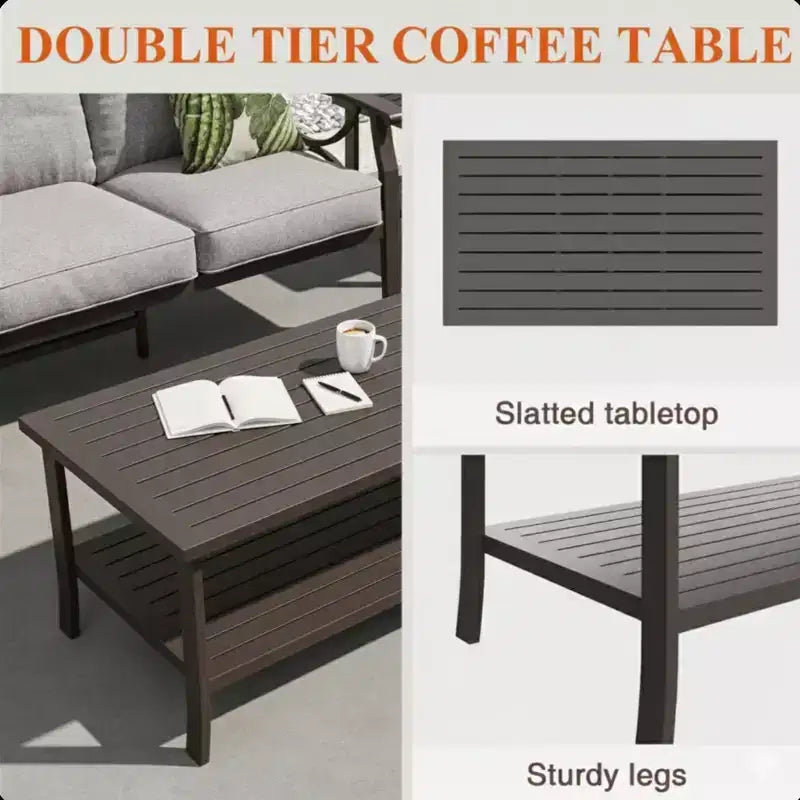 Set da esterno a 2 pezzi, divano da patio in metallo a 3 posti da 70 pollici per tutte le stagioni e tavolino da caffè rettangolare, telaio color kaki con cuscini grigi
