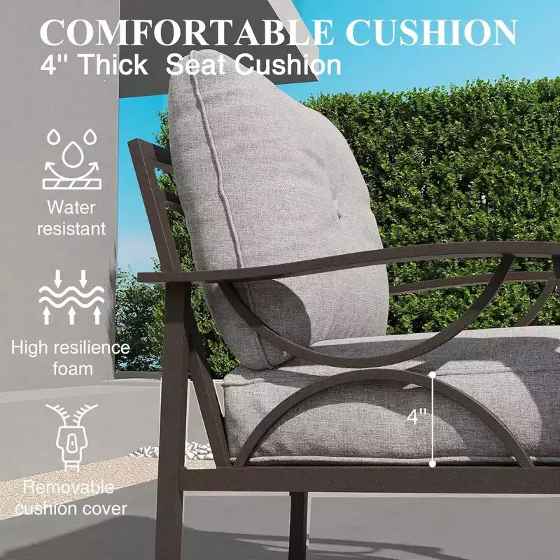 Set da esterno a 2 pezzi, divano da patio in metallo a 3 posti da 70 pollici per tutte le stagioni e tavolino da caffè rettangolare, telaio color kaki con cuscini grigi