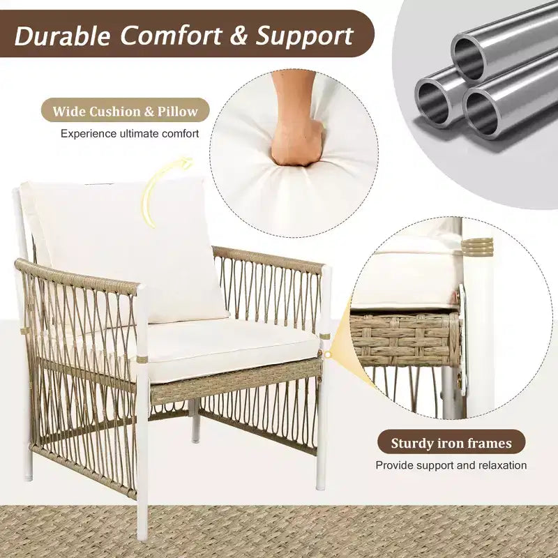 GDFStudio Nicolas, set da pranzo da 7 pezzi in legno e metallo con sedie a braccioli in rattan intrecciato a mano
