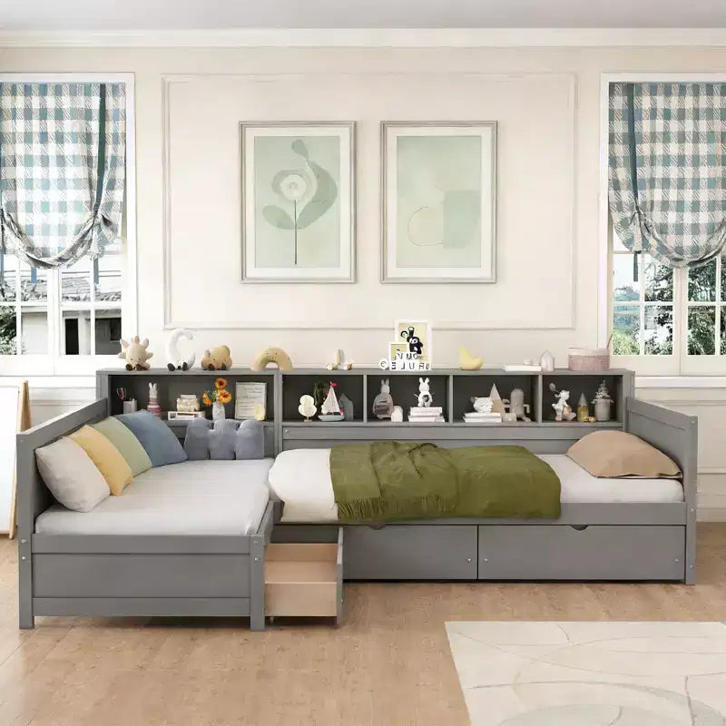 Divano Letto a L Moderno Luxystar di Dimensioni Doppie con Mensole e 3 Cassetti