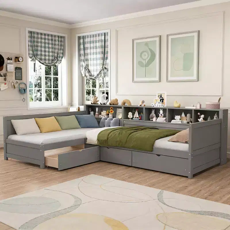 Luxystar Modern Twin Size L-shaped Daybed With Storage Shelves and 3 Drawers