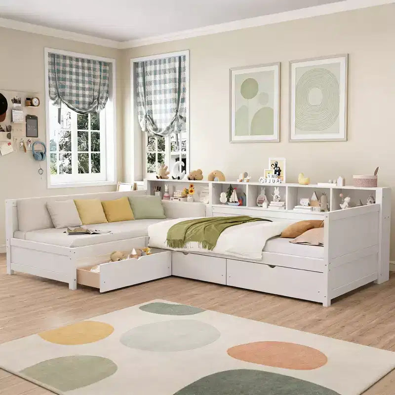 Divano Letto a L Moderno Luxystar di Dimensioni Doppie con Mensole e 3 Cassetti