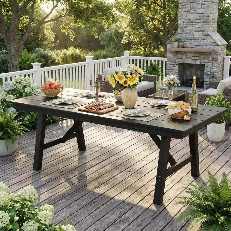 Garvee Outdoor Patio Dining Table for 4-6, 67 HDPE Garden Dining Table with Umbrella Hole, Aluminum Frame, Triangular Legs, All-Weather