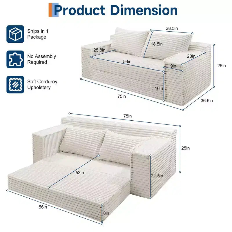 Divano letto convertibile 2 in 1 da 75 pollici, divano letto senza struttura con 2 cuscini, divano a scomparsa pieghevole, divano letto a due posti, futon