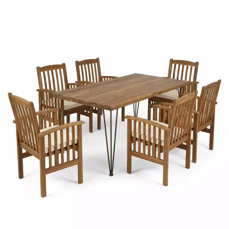 Set da pranzo da esterni Yeye Rustic 7 pezzi in legno di acacia con cuscini Christopher Knight Home
