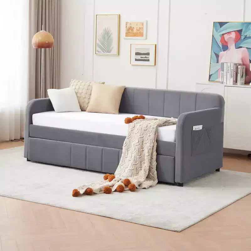 Divano letto singolo con letto estraibile, in velluto con porte USB e tasche laterali per soggiorno, camera da letto, camera degli ospiti - ModernLuxe