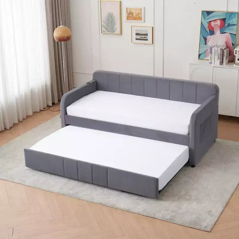 Divano letto singolo con letto estraibile, in velluto con porte USB e tasche laterali per soggiorno, camera da letto, camera degli ospiti - ModernLuxe