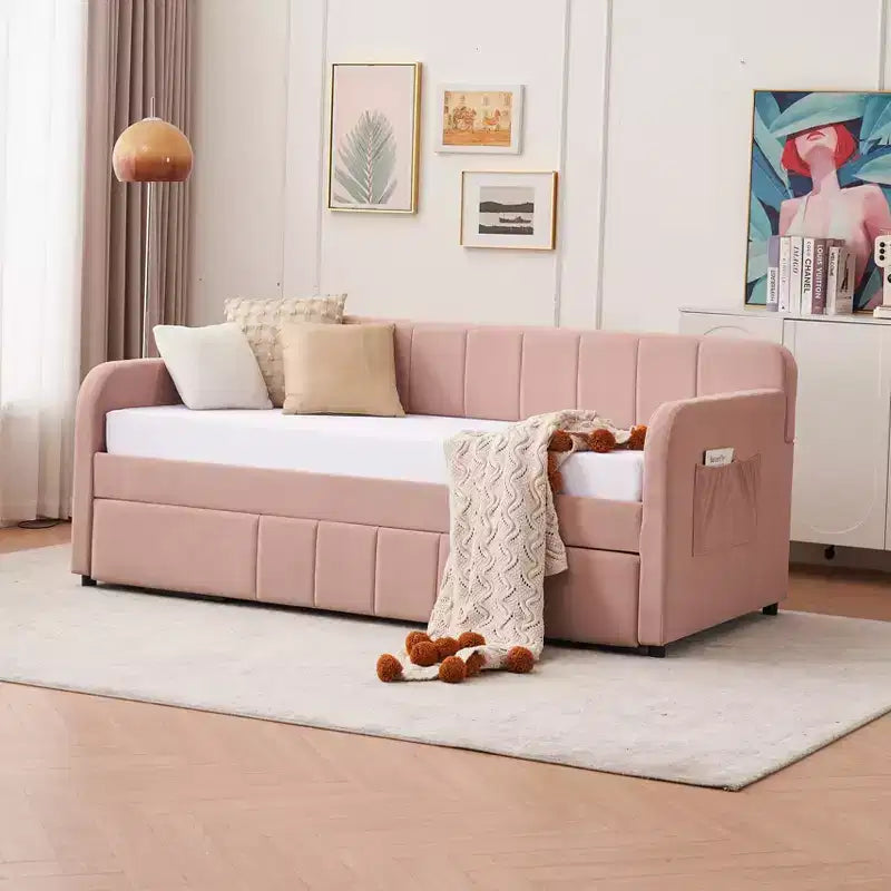 Divano letto singolo con letto estraibile, in velluto con porte USB e tasche laterali per soggiorno, camera da letto, camera degli ospiti - ModernLuxe