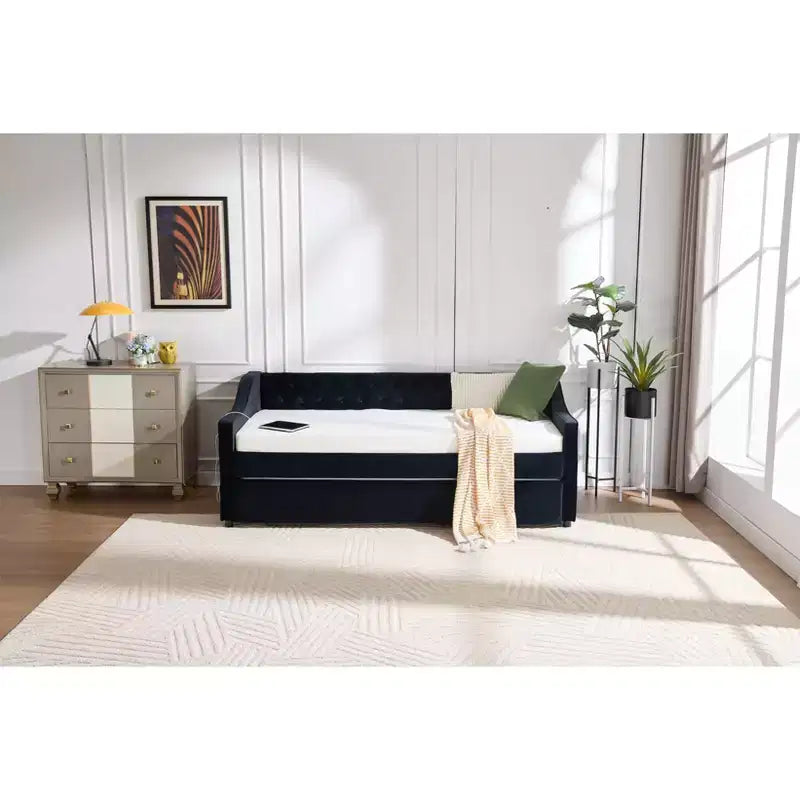 Letto singolo con rotelle, Divano letto in velluto con porta USB, Tasche laterali, Schienale capitonné per camera da letto, soggiorno - ModernLuxe