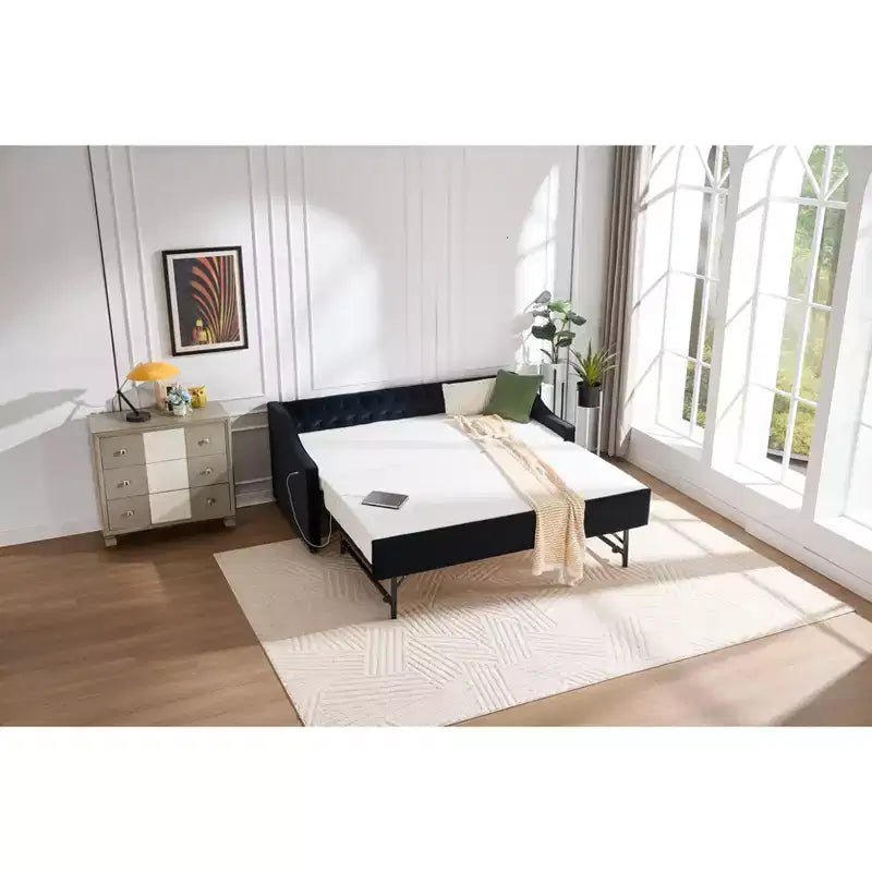 Letto singolo con rotelle, Divano letto in velluto con porta USB, Tasche laterali, Schienale capitonné per camera da letto, soggiorno - ModernLuxe