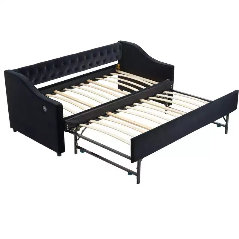 Letto singolo con rotelle, Divano letto in velluto con porta USB, Tasche laterali, Schienale capitonné per camera da letto, soggiorno - ModernLuxe