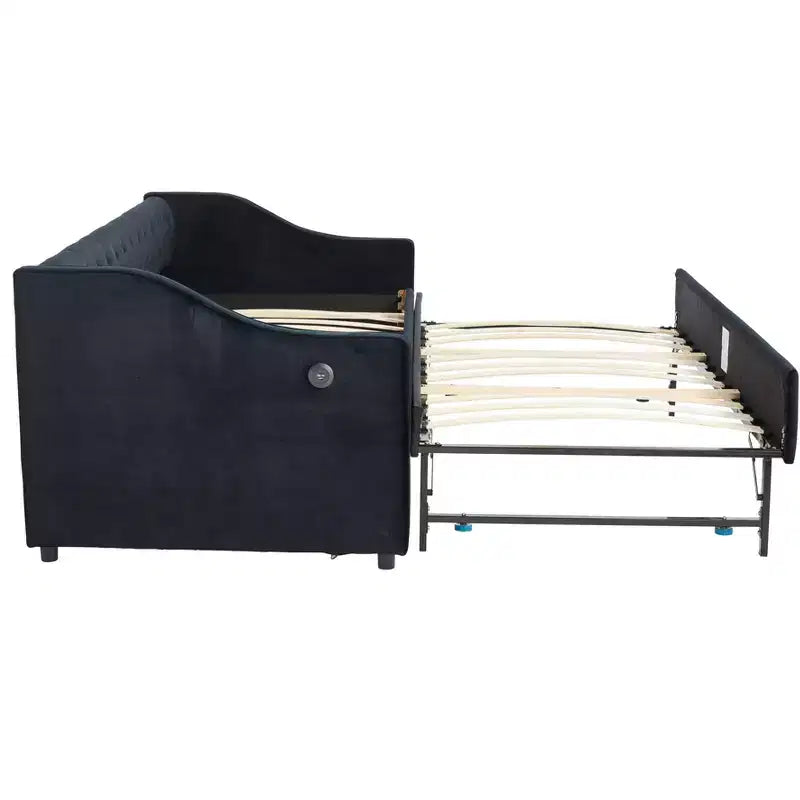Letto singolo con rotelle, Divano letto in velluto con porta USB, Tasche laterali, Schienale capitonné per camera da letto, soggiorno - ModernLuxe