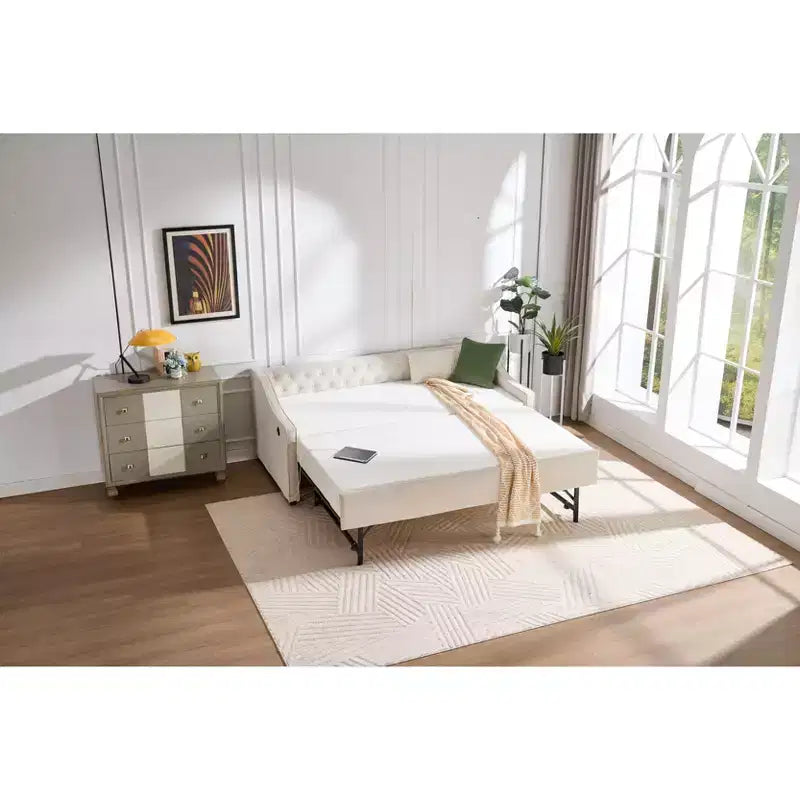 Letto singolo con rotelle, Divano letto in velluto con porta USB, Tasche laterali, Schienale capitonné per camera da letto, soggiorno - ModernLuxe