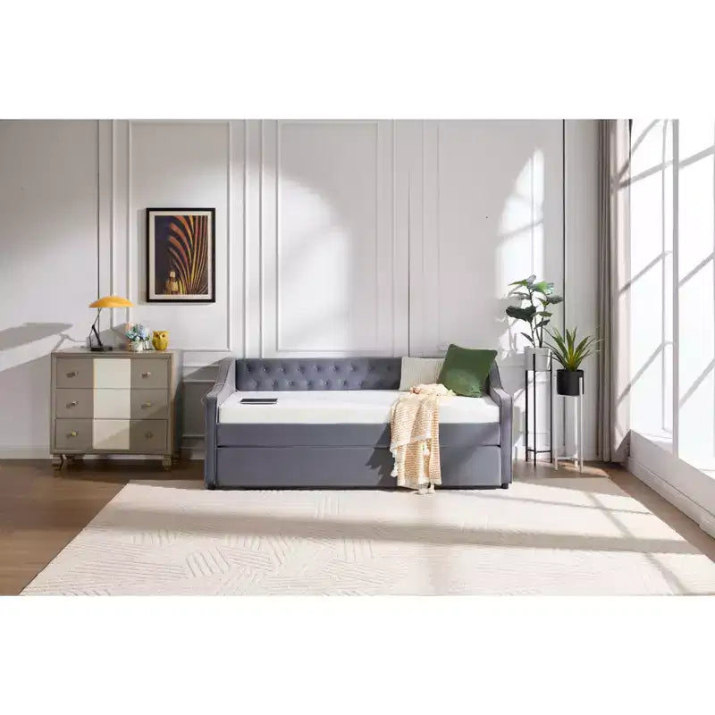 Letto singolo con rotelle, Divano letto in velluto con porta USB, Tasche laterali, Schienale capitonné per camera da letto, soggiorno - ModernLuxe