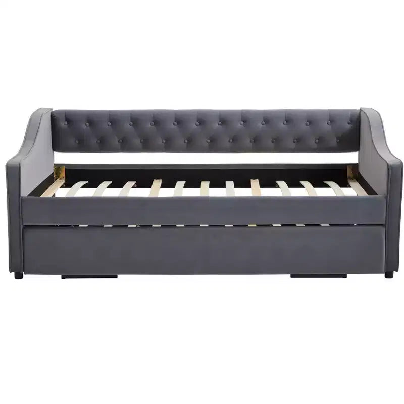 Letto singolo con rotelle, Divano letto in velluto con porta USB, Tasche laterali, Schienale capitonné per camera da letto, soggiorno - ModernLuxe