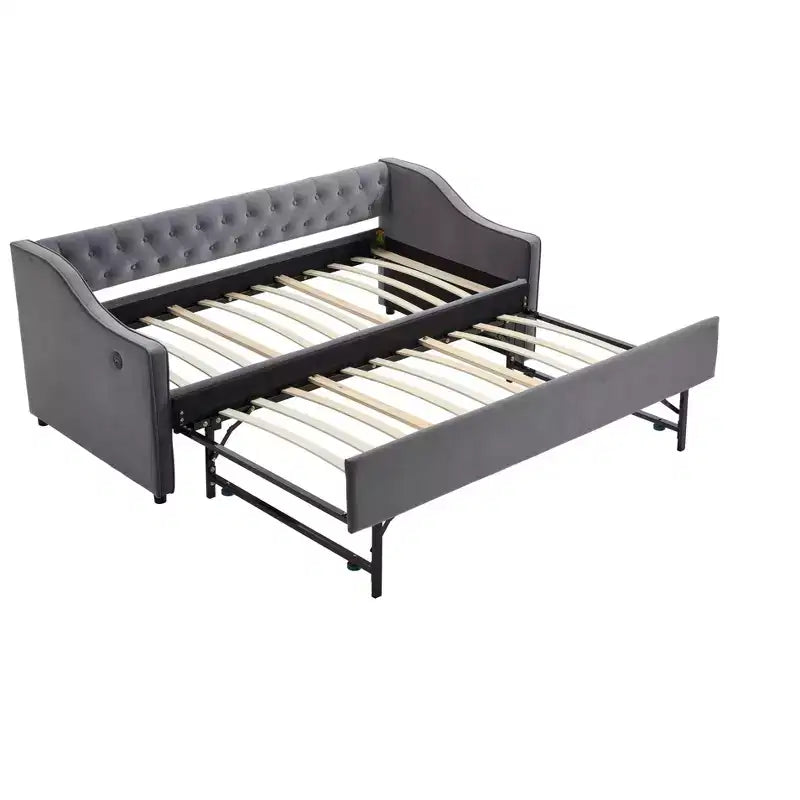 Letto singolo con rotelle, Divano letto in velluto con porta USB, Tasche laterali, Schienale capitonné per camera da letto, soggiorno - ModernLuxe