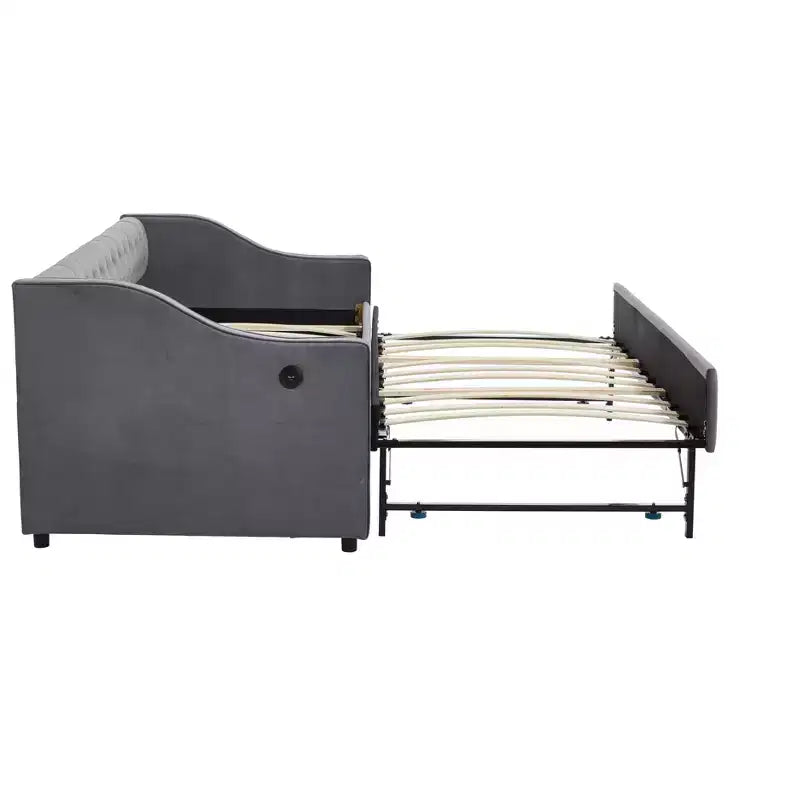 Letto singolo con rotelle, Divano letto in velluto con porta USB, Tasche laterali, Schienale capitonné per camera da letto, soggiorno - ModernLuxe
