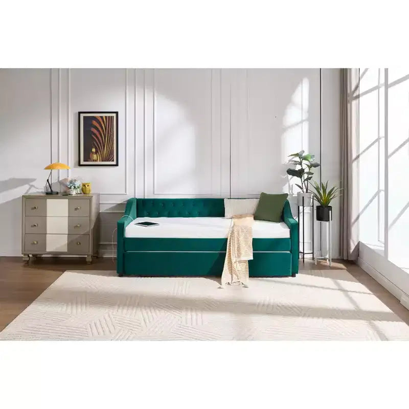 Letto singolo con rotelle, Divano letto in velluto con porta USB, Tasche laterali, Schienale capitonné per camera da letto, soggiorno - ModernLuxe
