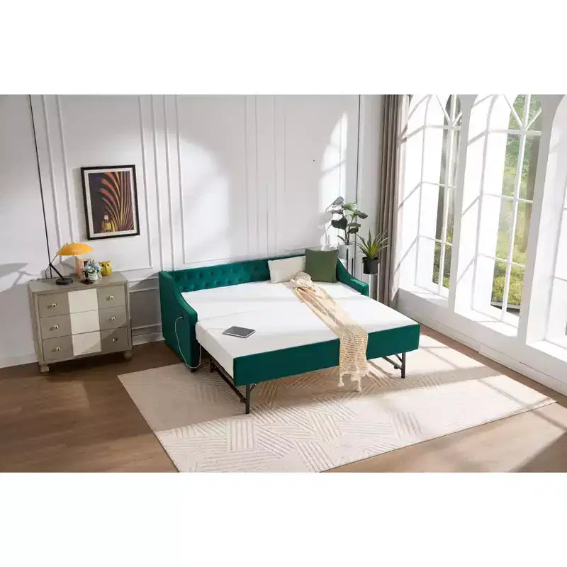 Letto singolo con rotelle, Divano letto in velluto con porta USB, Tasche laterali, Schienale capitonné per camera da letto, soggiorno - ModernLuxe