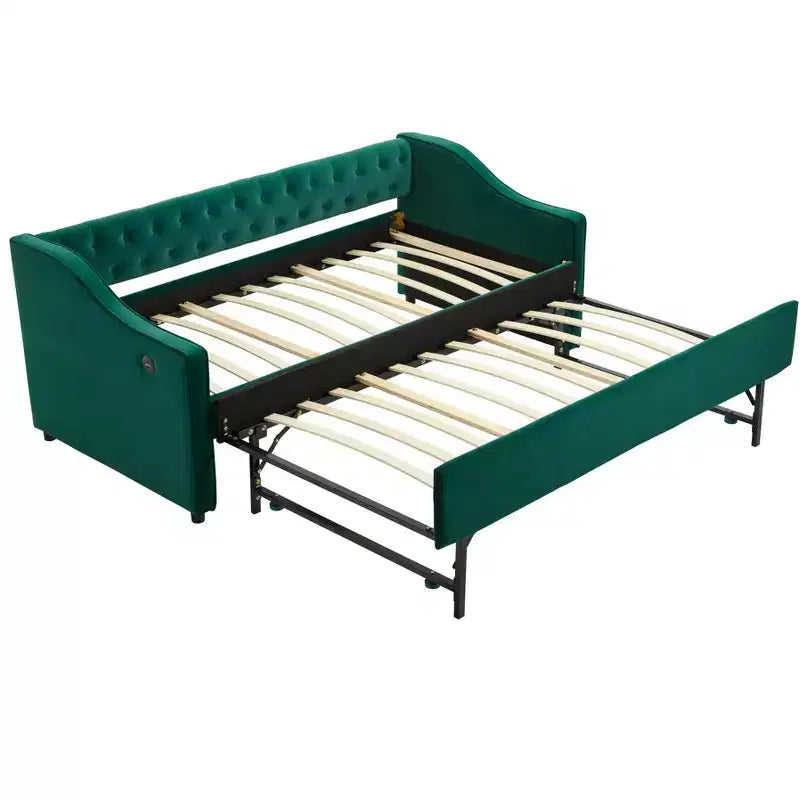 Letto singolo con rotelle, Divano letto in velluto con porta USB, Tasche laterali, Schienale capitonné per camera da letto, soggiorno - ModernLuxe
