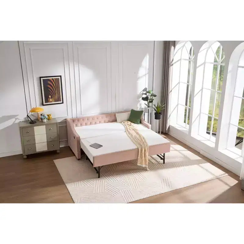 Letto singolo con rotelle, Divano letto in velluto con porta USB, Tasche laterali, Schienale capitonné per camera da letto, soggiorno - ModernLuxe
