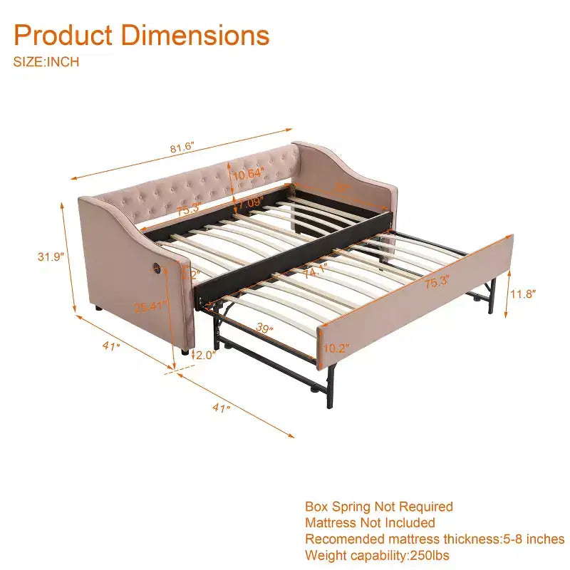 Letto singolo con rotelle, Divano letto in velluto con porta USB, Tasche laterali, Schienale capitonné per camera da letto, soggiorno - ModernLuxe