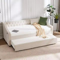 Twin Size Daybed with Trundle, Velvet Sofa Bed with USB Port, Side Pockets, Button Back for Bedroom, Living Room - ModernLuxe