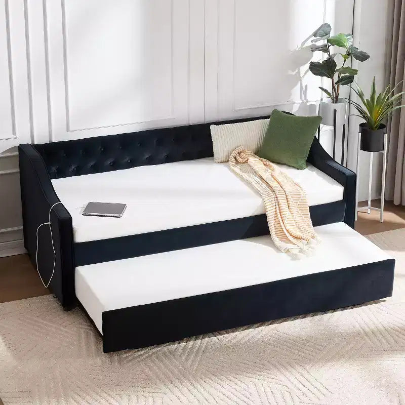 Letto singolo con rotelle, Divano letto in velluto con porta USB, Tasche laterali, Schienale capitonné per camera da letto, soggiorno - ModernLuxe