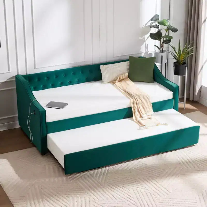 Letto singolo con rotelle, Divano letto in velluto con porta USB, Tasche laterali, Schienale capitonné per camera da letto, soggiorno - ModernLuxe