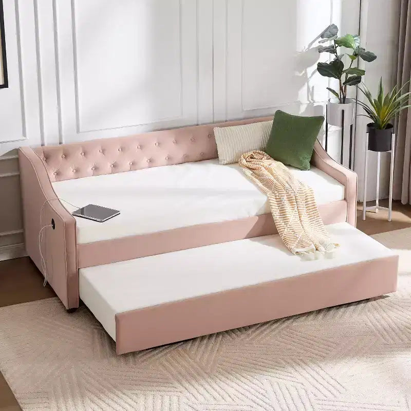 Letto singolo con rotelle, Divano letto in velluto con porta USB, Tasche laterali, Schienale capitonné per camera da letto, soggiorno - ModernLuxe