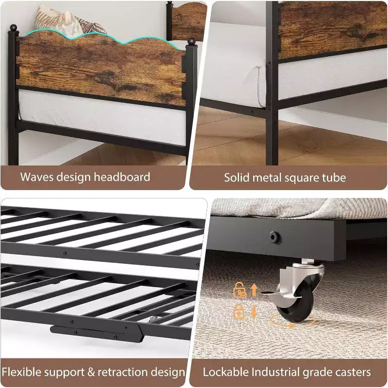 Daybed singolo con letto estraibile, struttura in metallo con testiera ondulata effetto legno, ruote bloccabili, divano letto salvaspazio, nessun box spring necessario
