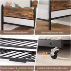 Daybed singolo con letto estraibile, struttura in metallo con testiera ondulata effetto legno, ruote bloccabili, divano letto salvaspazio, nessun box spring necessario