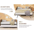 Daybed singolo con letto estraibile, struttura in metallo con testiera ondulata effetto legno, ruote bloccabili, divano letto salvaspazio, nessun box spring necessario
