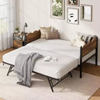 Daybed singolo con letto estraibile, struttura in metallo con testiera ondulata effetto legno, ruote bloccabili, divano letto salvaspazio, nessun box spring necessario