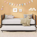 Daybed singolo con letto estraibile, struttura in metallo con testiera ondulata effetto legno, ruote bloccabili, divano letto salvaspazio, nessun box spring necessario