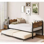 Daybed singolo con letto estraibile, struttura in metallo con testiera ondulata effetto legno, ruote bloccabili, divano letto salvaspazio, nessun box spring necessario