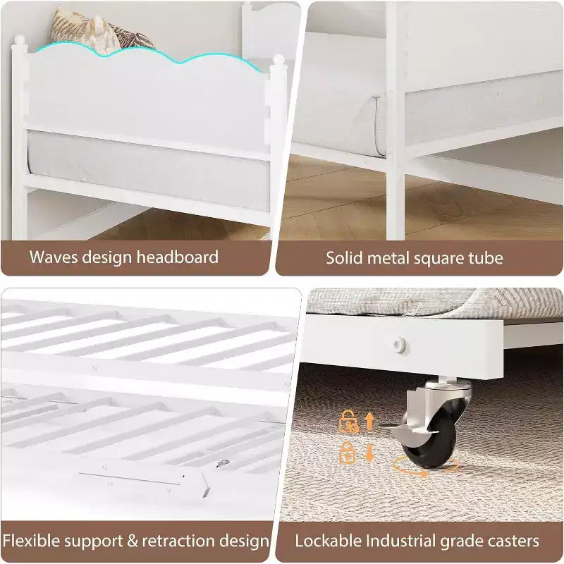 Daybed singolo con letto estraibile, struttura in metallo con testiera ondulata effetto legno, ruote bloccabili, divano letto salvaspazio, nessun box spring necessario