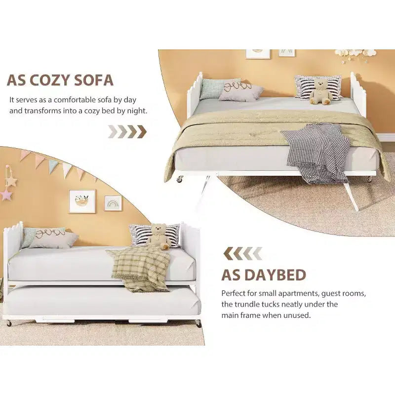 Daybed singolo con letto estraibile, struttura in metallo con testiera ondulata effetto legno, ruote bloccabili, divano letto salvaspazio, nessun box spring necessario