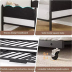 Daybed singolo con letto estraibile, struttura in metallo con testiera ondulata effetto legno, ruote bloccabili, divano letto salvaspazio, nessun box spring necessario