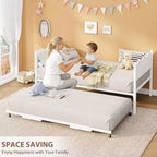 Daybed singolo con letto estraibile, struttura in metallo con testiera ondulata effetto legno, ruote bloccabili, divano letto salvaspazio, nessun box spring necessario